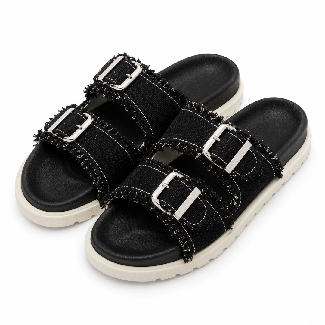 Frayed Black Canvas Double Buckle Slide Sandals